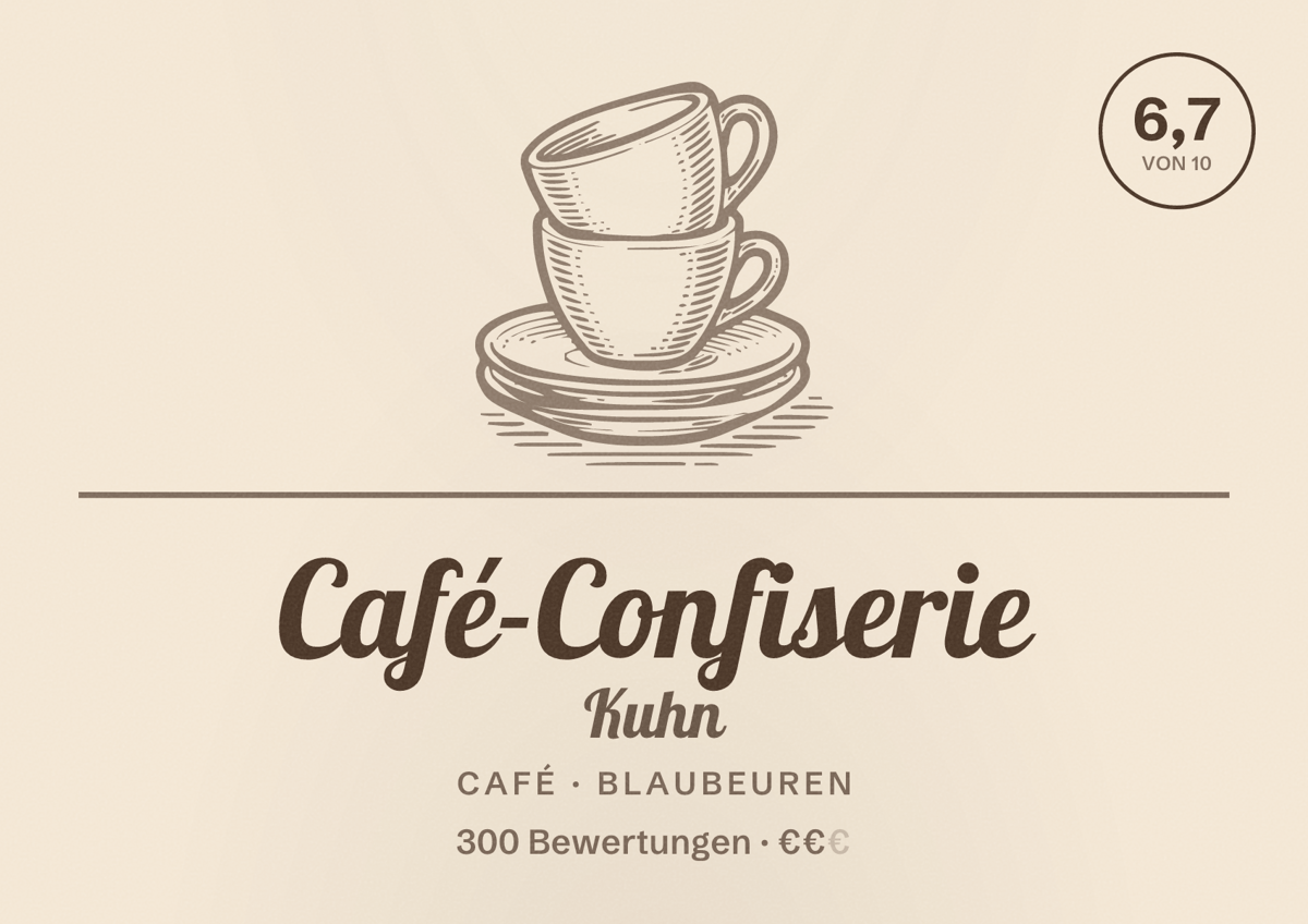 Illustriertes Poster von Café-Confiserie Kuhn, Café in Blaubeuren: Bewertung 6,7 von 10 aus 300 Bewertungen, Preisniveau €€
