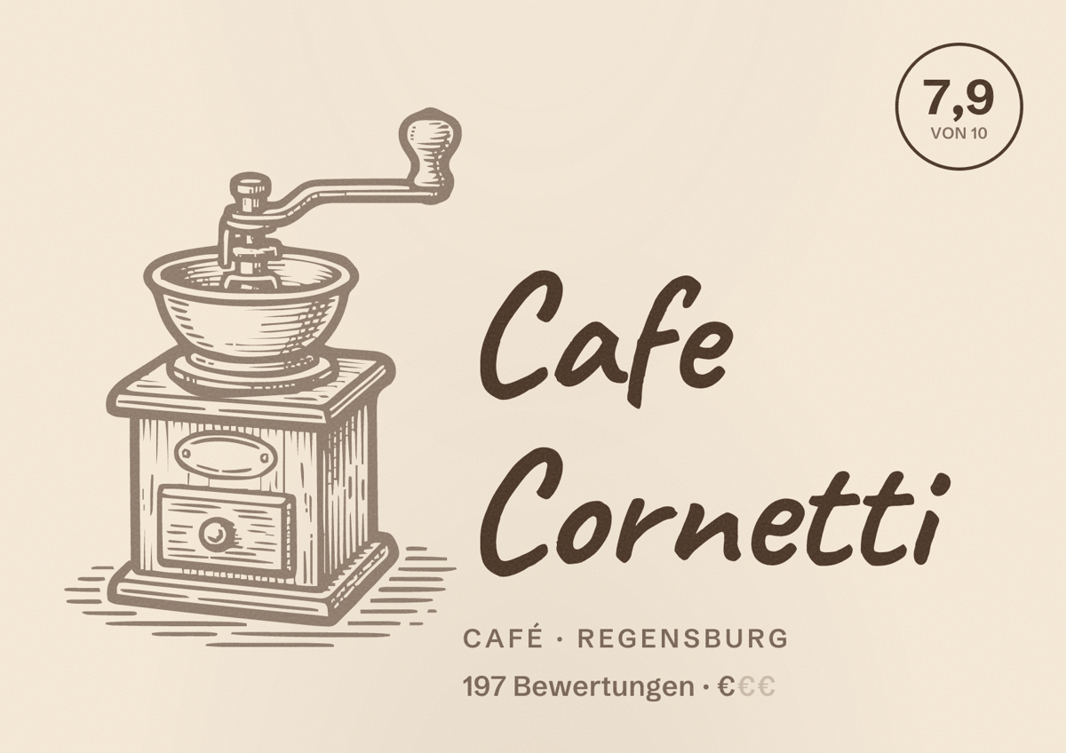 Illustriertes Poster von Cafe Cornetti, Café in Regensburg: Bewertung 7,9 von 10 aus 197 Bewertungen, Preisniveau €