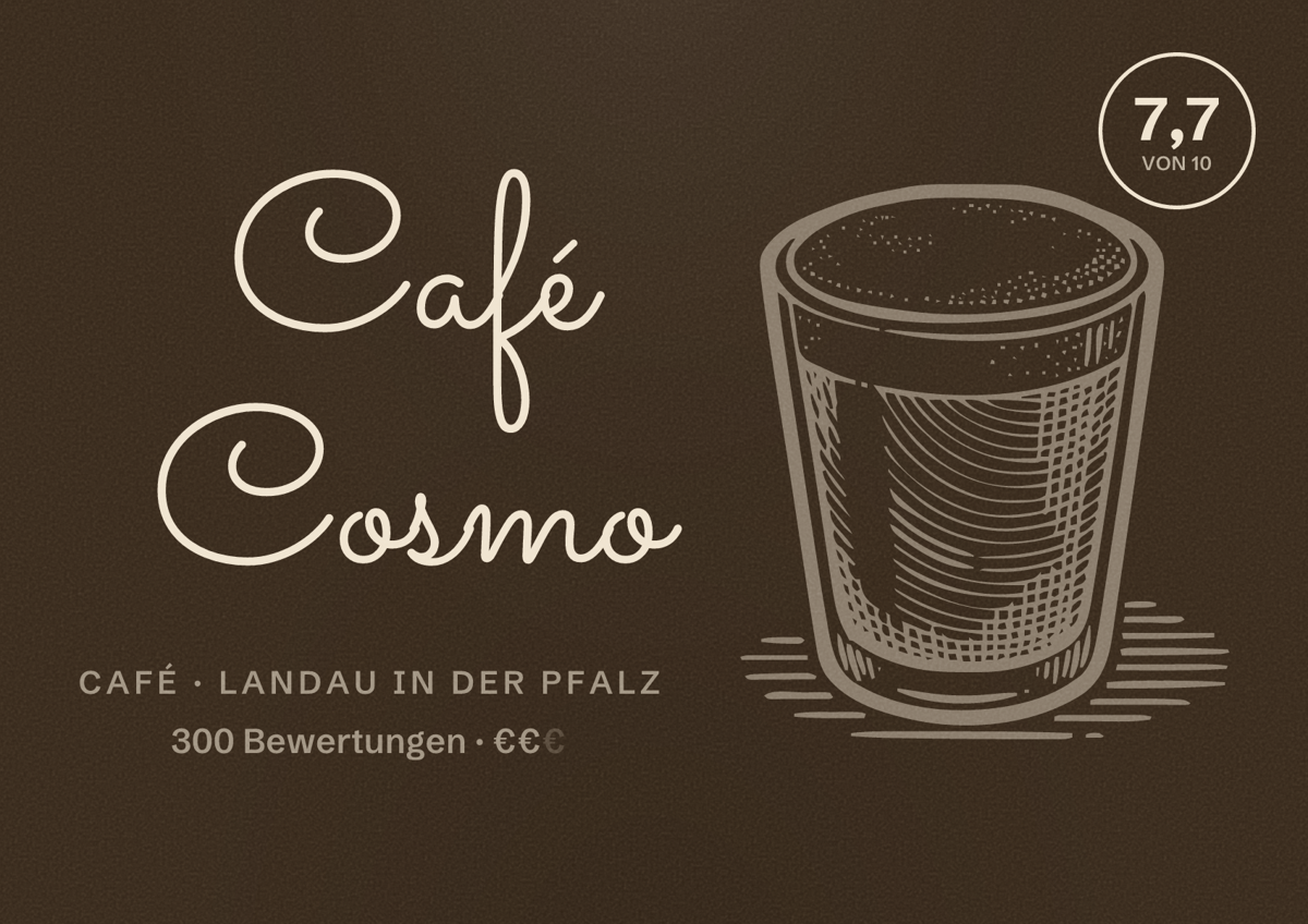 Illustriertes Poster von Café Cosmo, Café in Landau in der Pfalz: Bewertung 7,7 von 10 aus 300 Bewertungen, Preisniveau €€