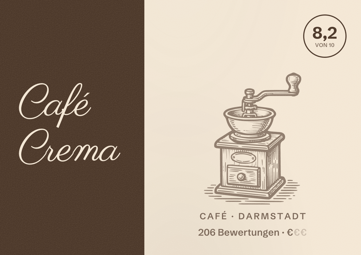Illustriertes Poster von Café Crema, Café in Darmstadt: Bewertung 8,2 von 10 aus 206 Bewertungen, Preisniveau €