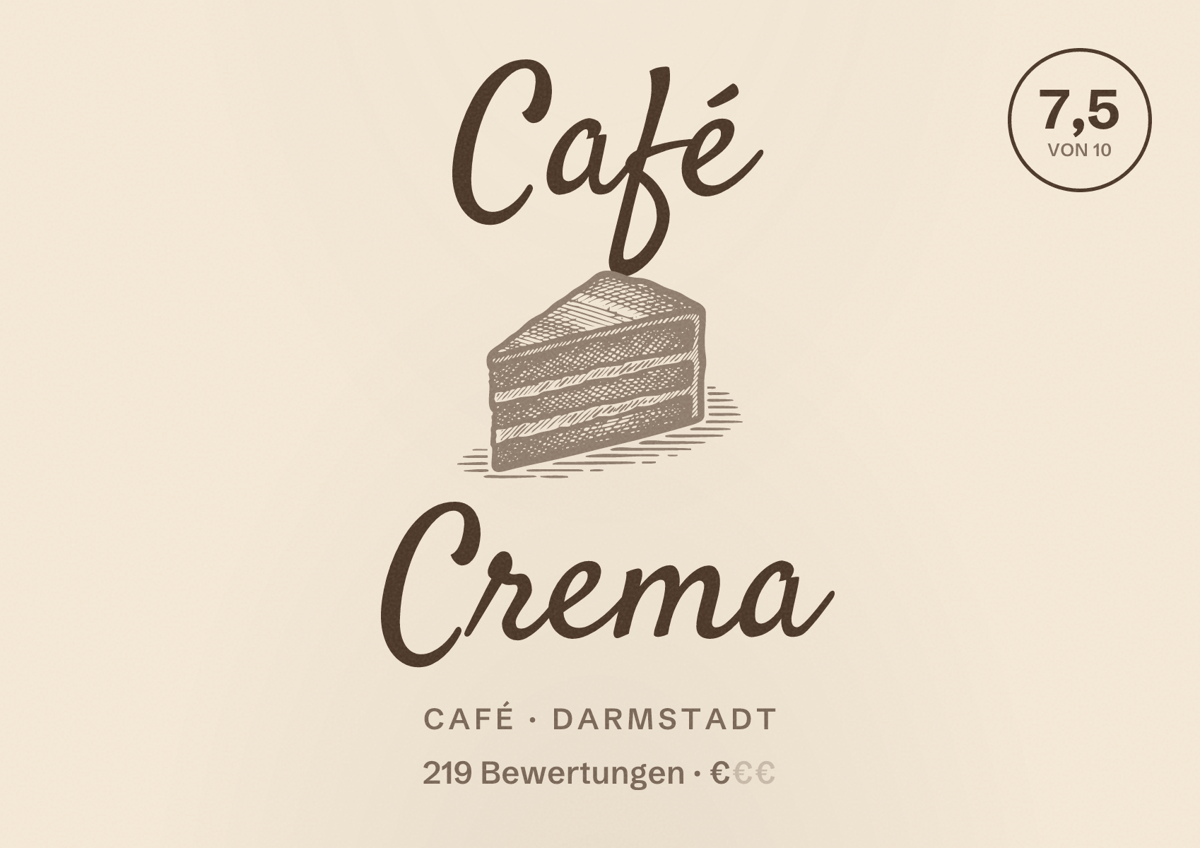 Illustriertes Poster von Café Crema, Café in Darmstadt: Bewertung 7,5 von 10 aus 219 Bewertungen, Preisniveau €