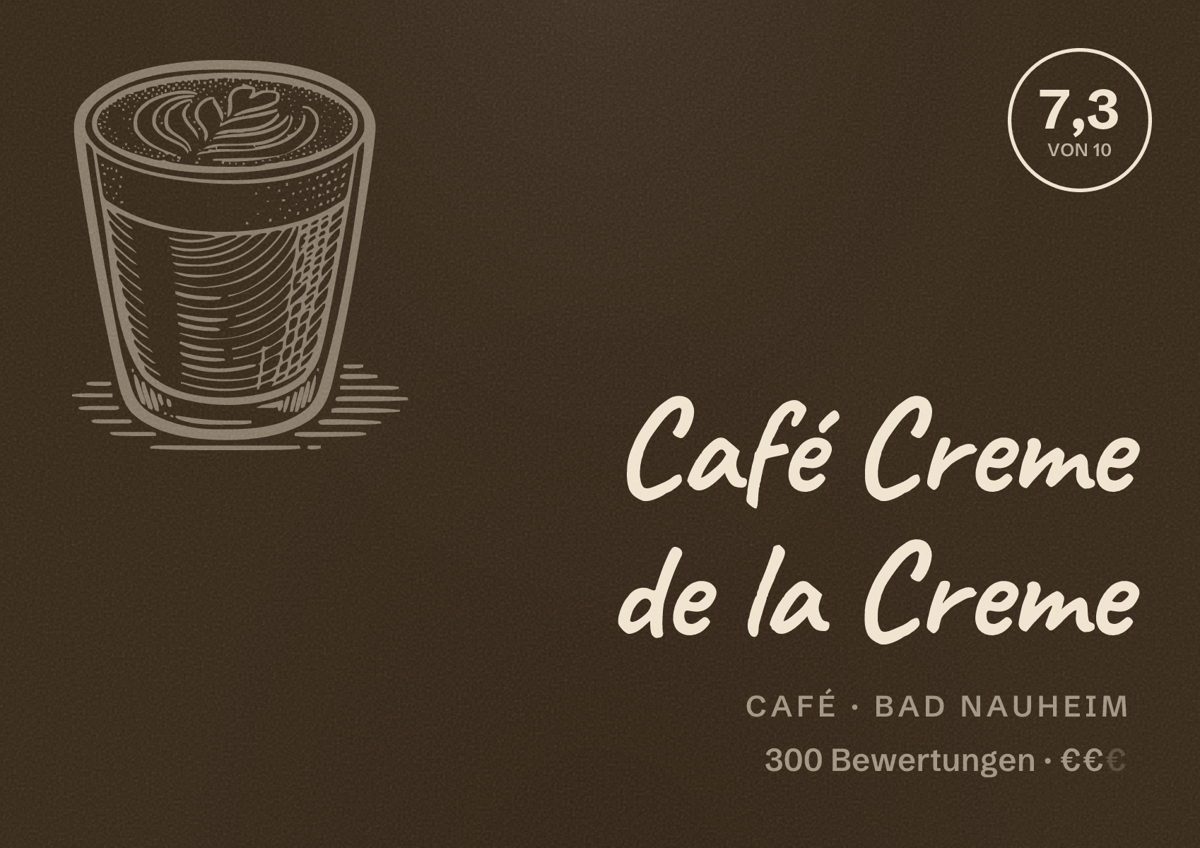 Illustriertes Poster von Café Creme de la Creme, Café in Bad Nauheim: Bewertung 7,3 von 10 aus 300 Bewertungen, Preisniveau €€