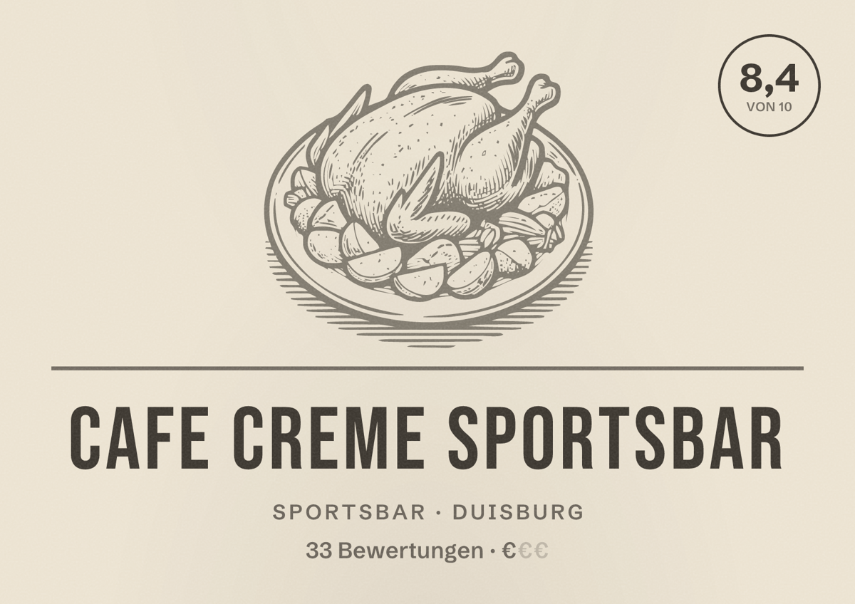Illustriertes Poster von Cafe Creme Sportsbar, Sportsbar in Duisburg: Bewertung 8,4 von 10 aus 33 Bewertungen, Preisniveau €