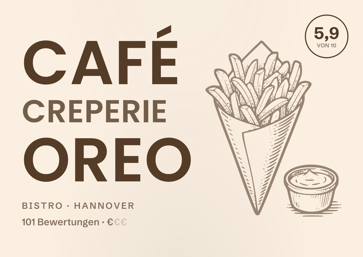 Illustriertes Poster von Café Creperie Oreo, Bistro in Hannover: Bewertung 5,9 von 10 aus 101 Bewertungen, Preisniveau €
