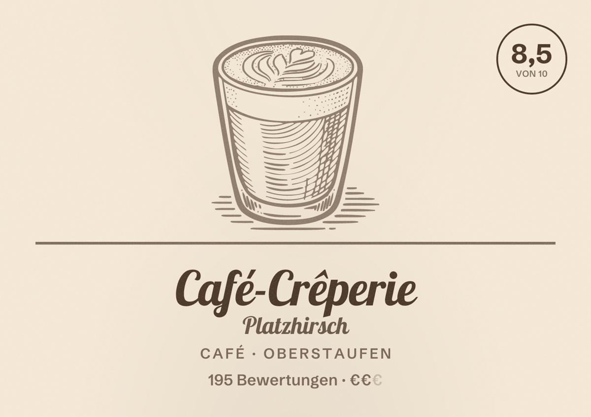 Illustriertes Poster von Café-Crêperie Platzhirsch, Café in Oberstaufen: Bewertung 8,5 von 10 aus 195 Bewertungen, Preisniveau €€