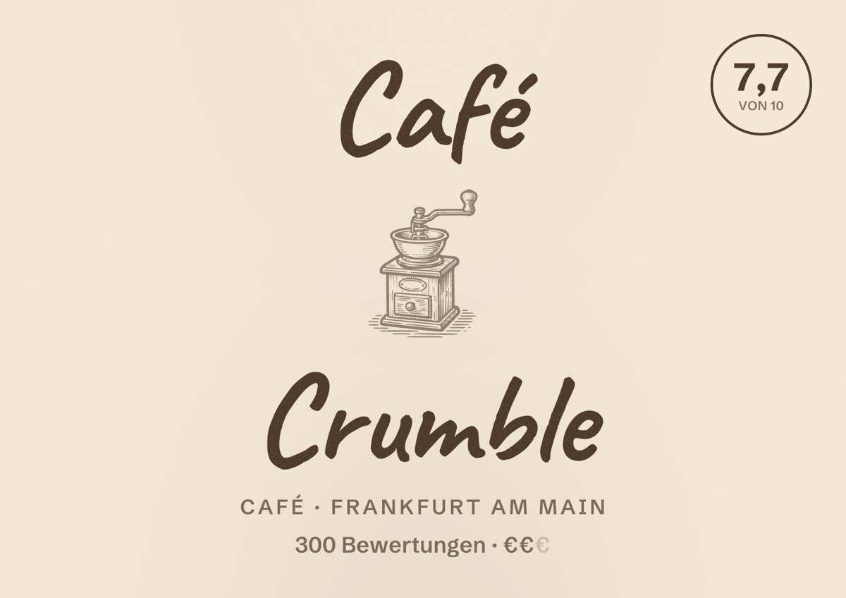 Illustriertes Poster von Café Crumble, Café in Frankfurt am Main: Bewertung 7,7 von 10 aus 300 Bewertungen, Preisniveau €€