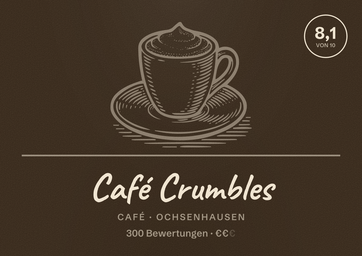 Illustriertes Poster von Café Crumbles, Café in Ochsenhausen: Bewertung 8,1 von 10 aus 300 Bewertungen, Preisniveau €€