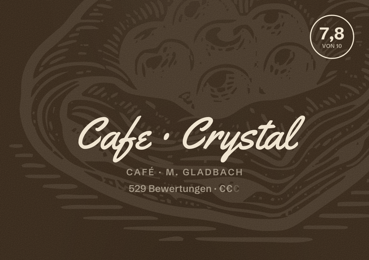 Illustriertes Poster von Cafe Crystal, Café in M. Gladbach: Bewertung 7,8 von 10 aus 529 Bewertungen, Preisniveau €€
