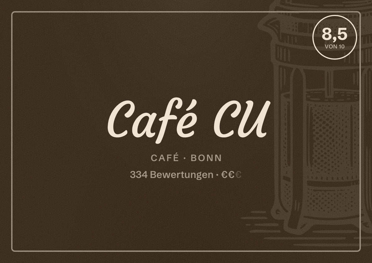 Illustriertes Poster von Café CU, Café in Bonn: Bewertung 8,5 von 10 aus 334 Bewertungen, Preisniveau €€