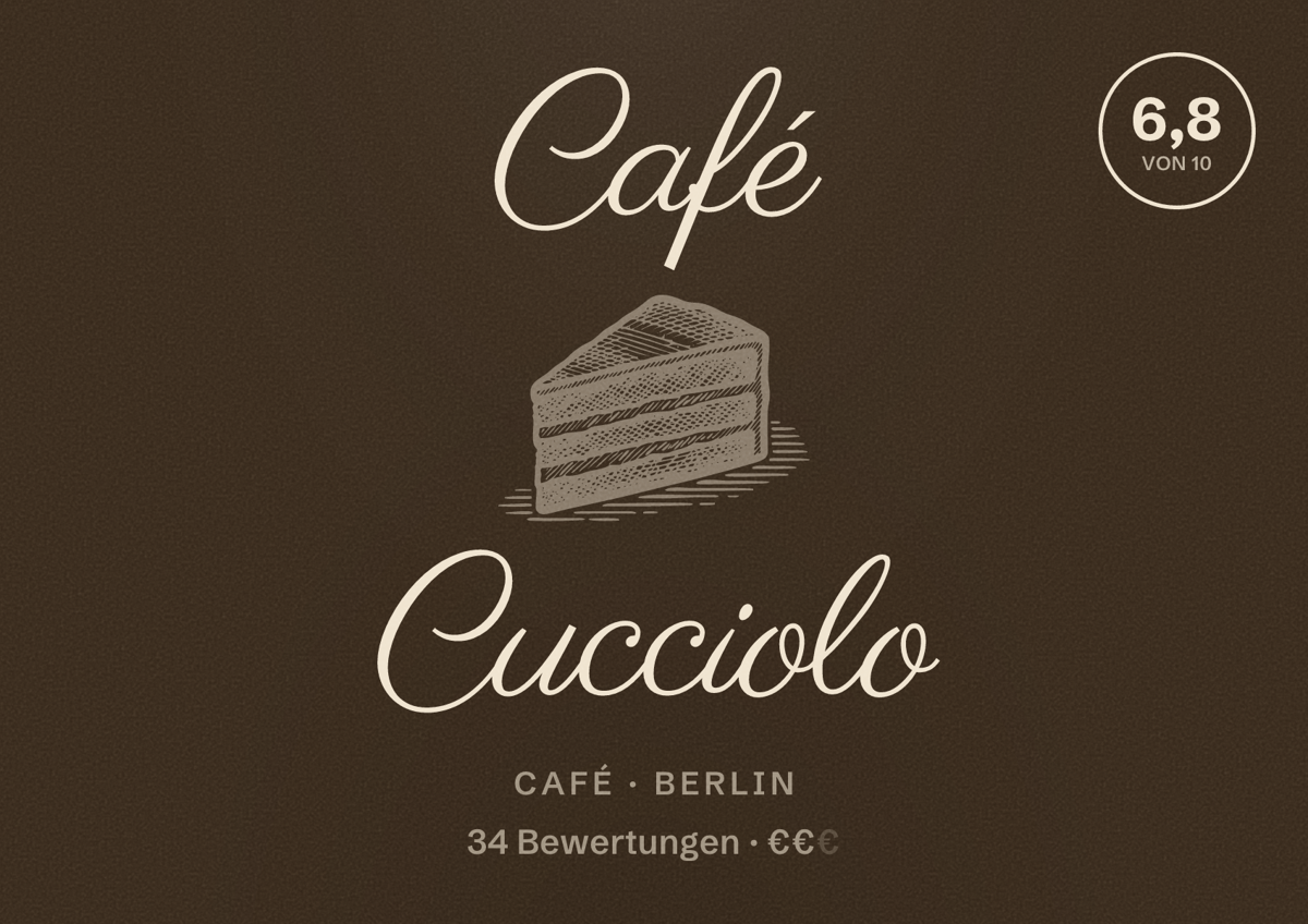 Illustriertes Poster von Café Cucciolo, Café in Berlin: Bewertung 6,8 von 10 aus 34 Bewertungen, Preisniveau €€