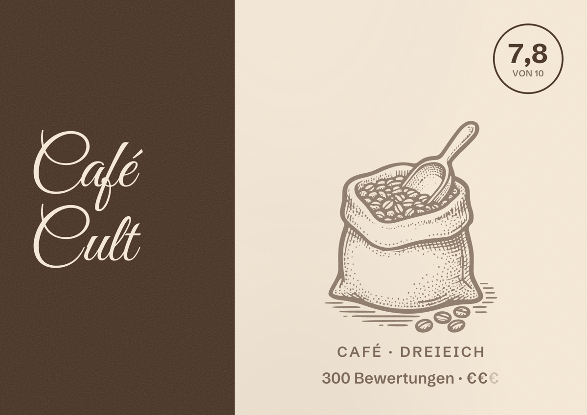 Illustriertes Poster von Café Cult, Café in Dreieich: Bewertung 7,8 von 10 aus 300 Bewertungen, Preisniveau €€