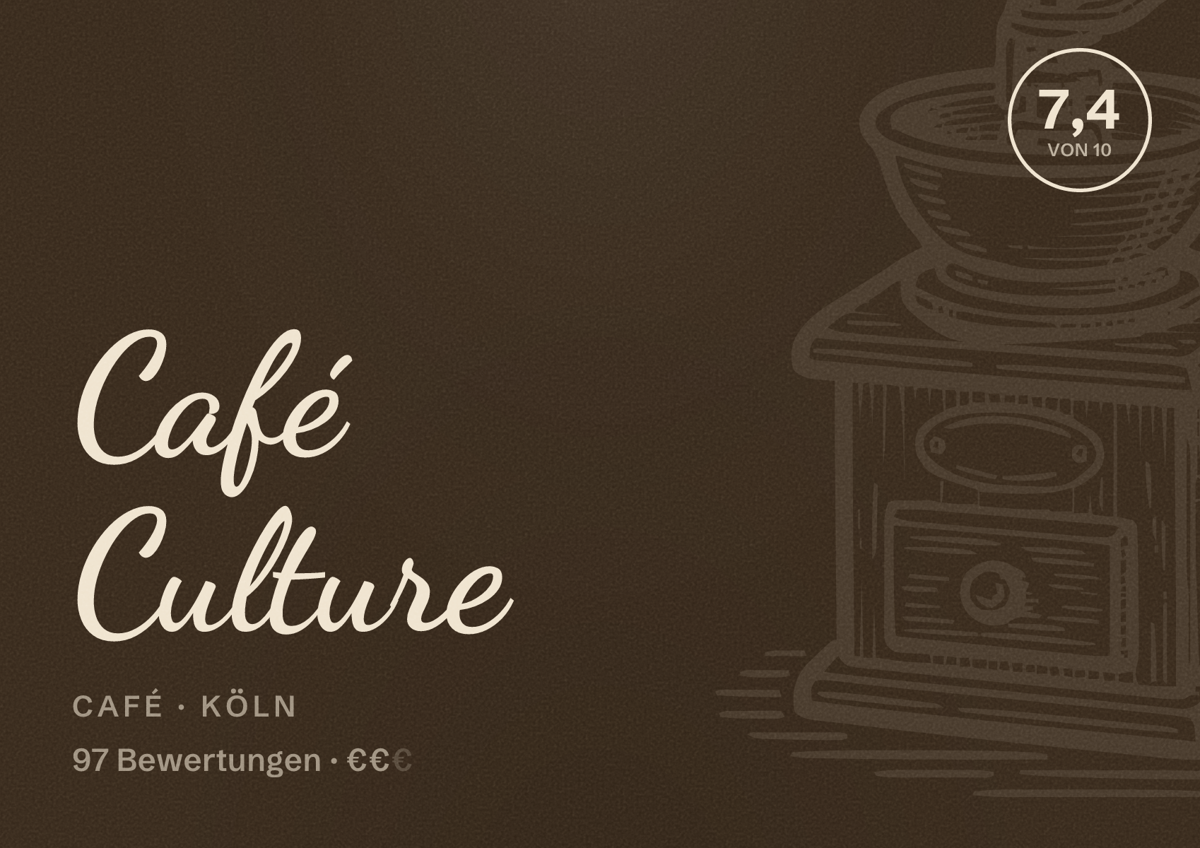Illustriertes Poster von Café Culture, Café in Köln: Bewertung 7,4 von 10 aus 97 Bewertungen, Preisniveau €€