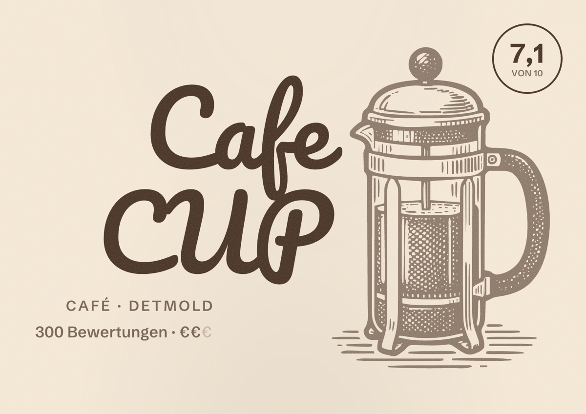 Illustriertes Poster von Cafe CUP, Café in Detmold: Bewertung 7,1 von 10 aus 300 Bewertungen, Preisniveau €€