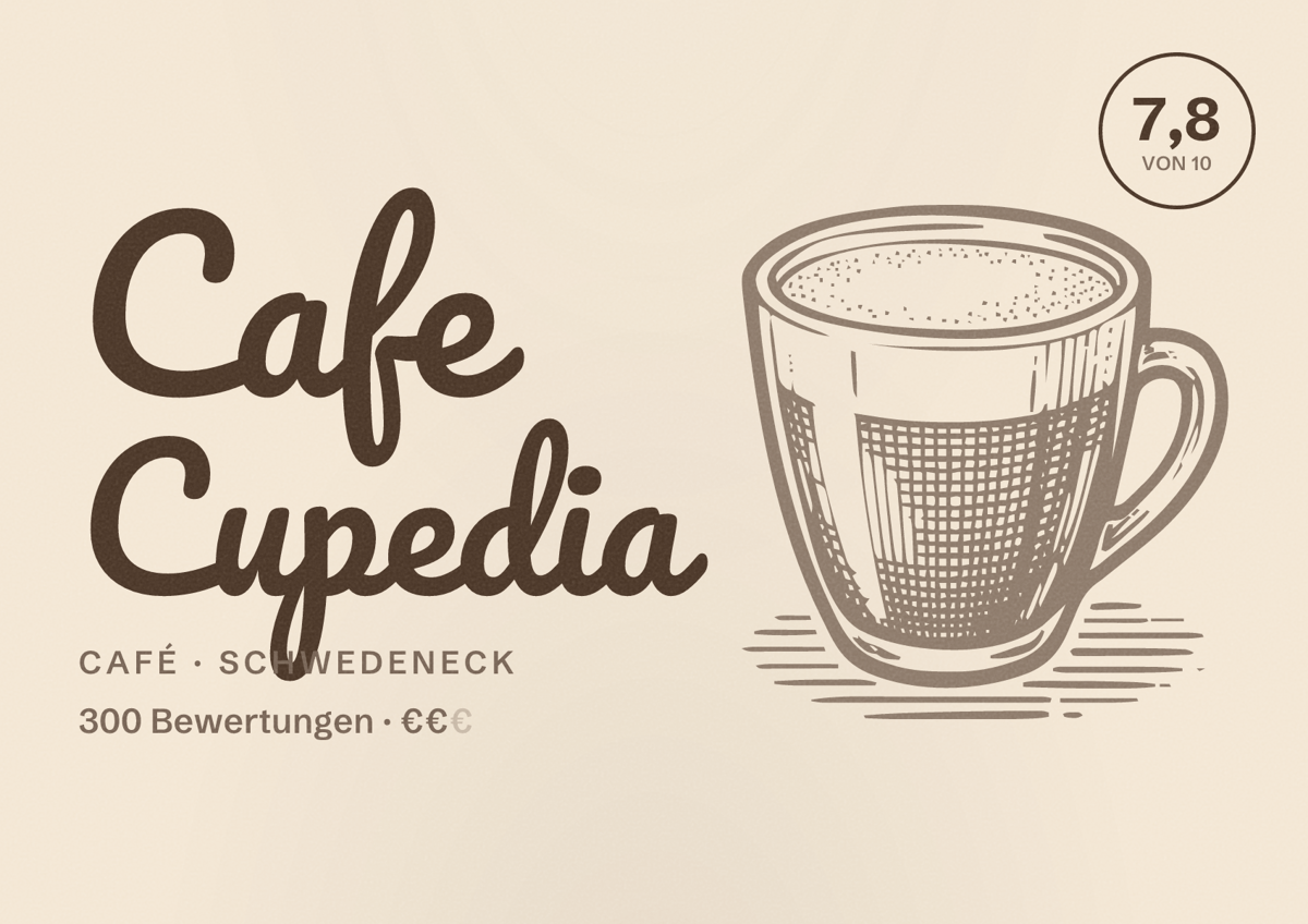 Illustriertes Poster von Cafe Cupedia, Café in Schwedeneck: Bewertung 7,8 von 10 aus 300 Bewertungen, Preisniveau €€