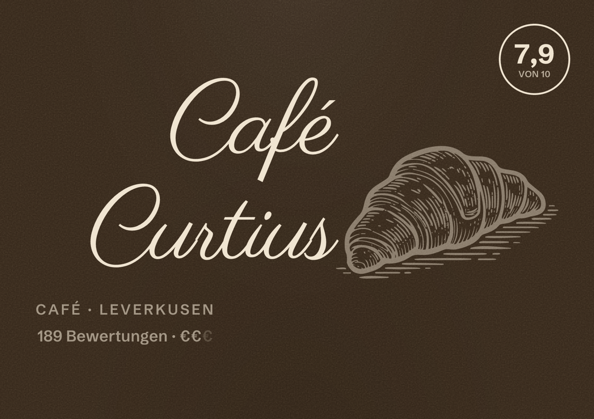 Illustriertes Poster von Café Curtius, Café in Leverkusen: Bewertung 7,9 von 10 aus 189 Bewertungen, Preisniveau €€