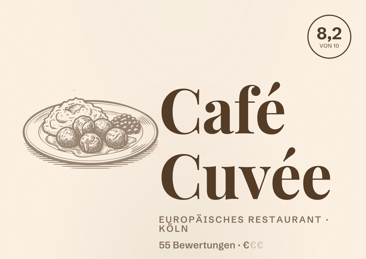 Illustriertes Poster von Café Cuvée, Europäisches Restaurant in Köln: Bewertung 8,2 von 10 aus 55 Bewertungen, Preisniveau €