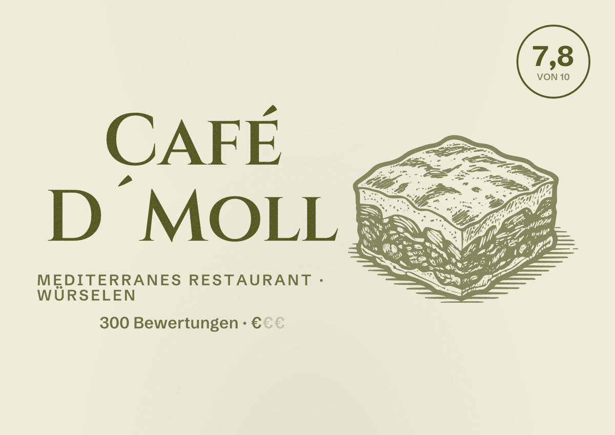 Illustriertes Poster von Café D´Moll, Mediterranes Restaurant in Würselen: Bewertung 7,8 von 10 aus 300 Bewertungen, Preisniveau €