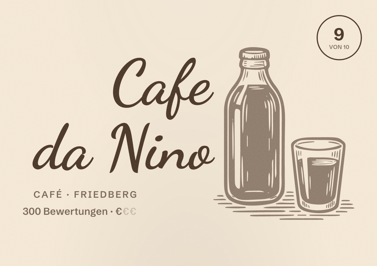 Illustriertes Poster von Cafe da Nino, Café in Friedberg: Bewertung 9 von 10 aus 300 Bewertungen, Preisniveau €