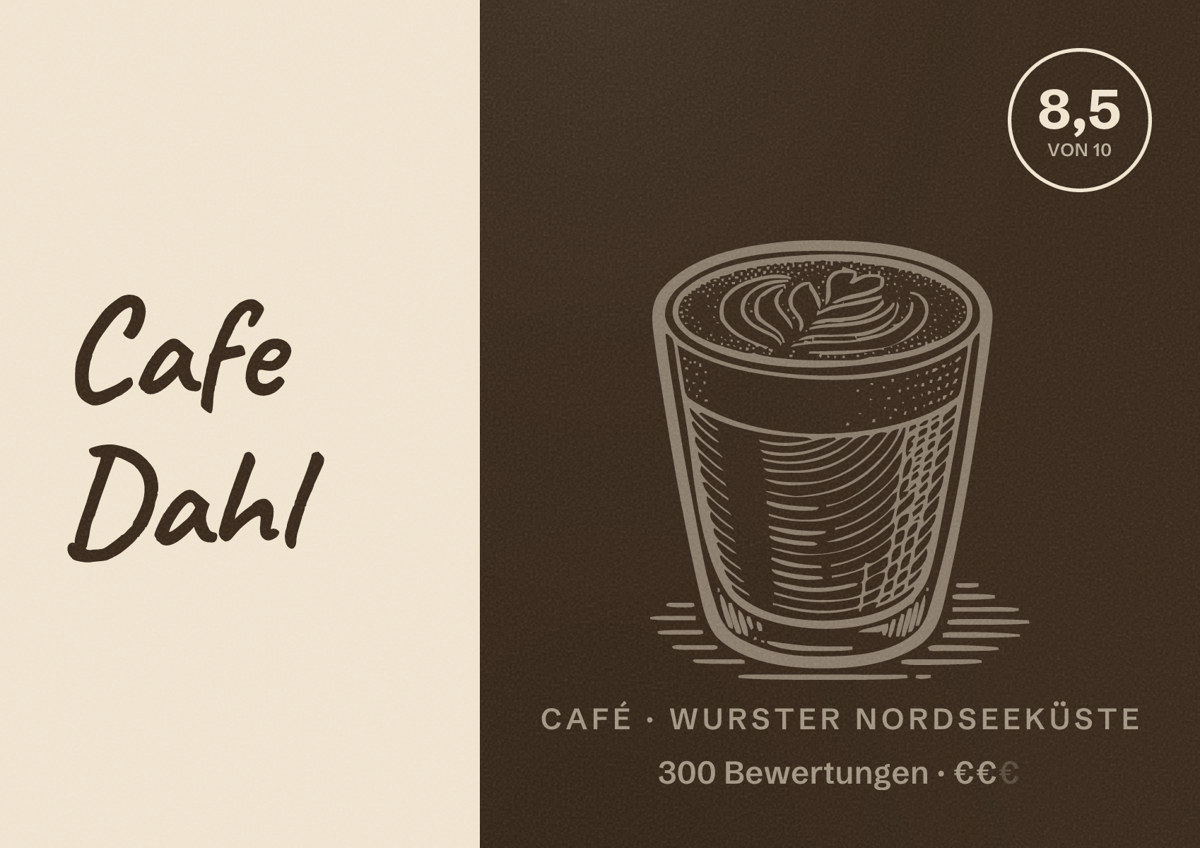 Illustriertes Poster von Cafe Dahl, Café in Wurster Nordseeküste: Bewertung 8,5 von 10 aus 300 Bewertungen, Preisniveau €€