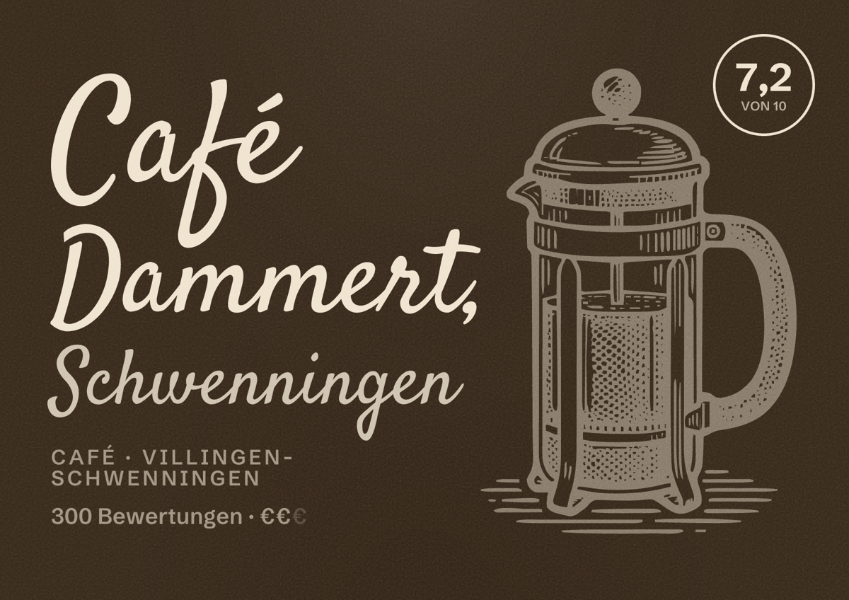 Illustriertes Poster von Café Dammert, Schwenningen, Café in Villingen-Schwenningen: Bewertung 7,2 von 10 aus 300 Bewertungen, Preisniveau €€