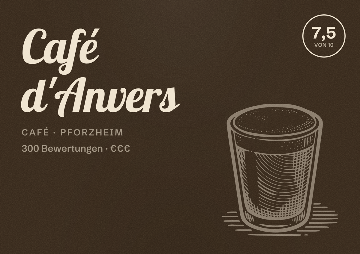 Illustriertes Poster von Café d'Anvers, Café in Pforzheim: Bewertung 7,5 von 10 aus 300 Bewertungen, Preisniveau €€€