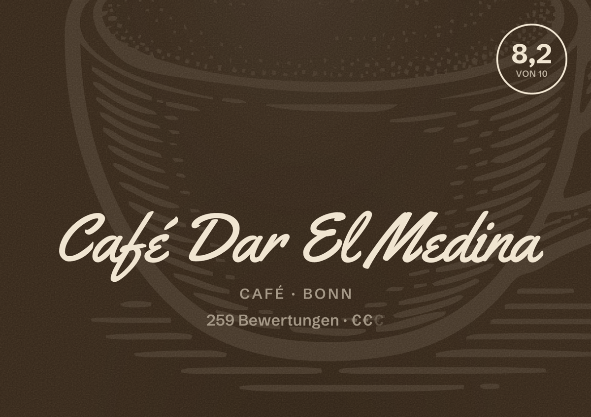 Illustriertes Poster von Café Dar El Medina, Café in Bonn: Gästebewertung 8,2 von 10 aus 259 Bewertungen