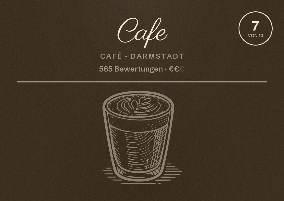 Illustriertes Poster von Cafe, Café in Darmstadt: Bewertung 7 von 10 aus 565 Bewertungen, Preisniveau €€