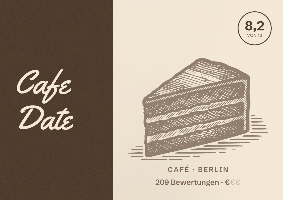 Illustriertes Poster von Cafe Date, Café in Berlin: Bewertung 8,2 von 10 aus 209 Bewertungen, Preisniveau €