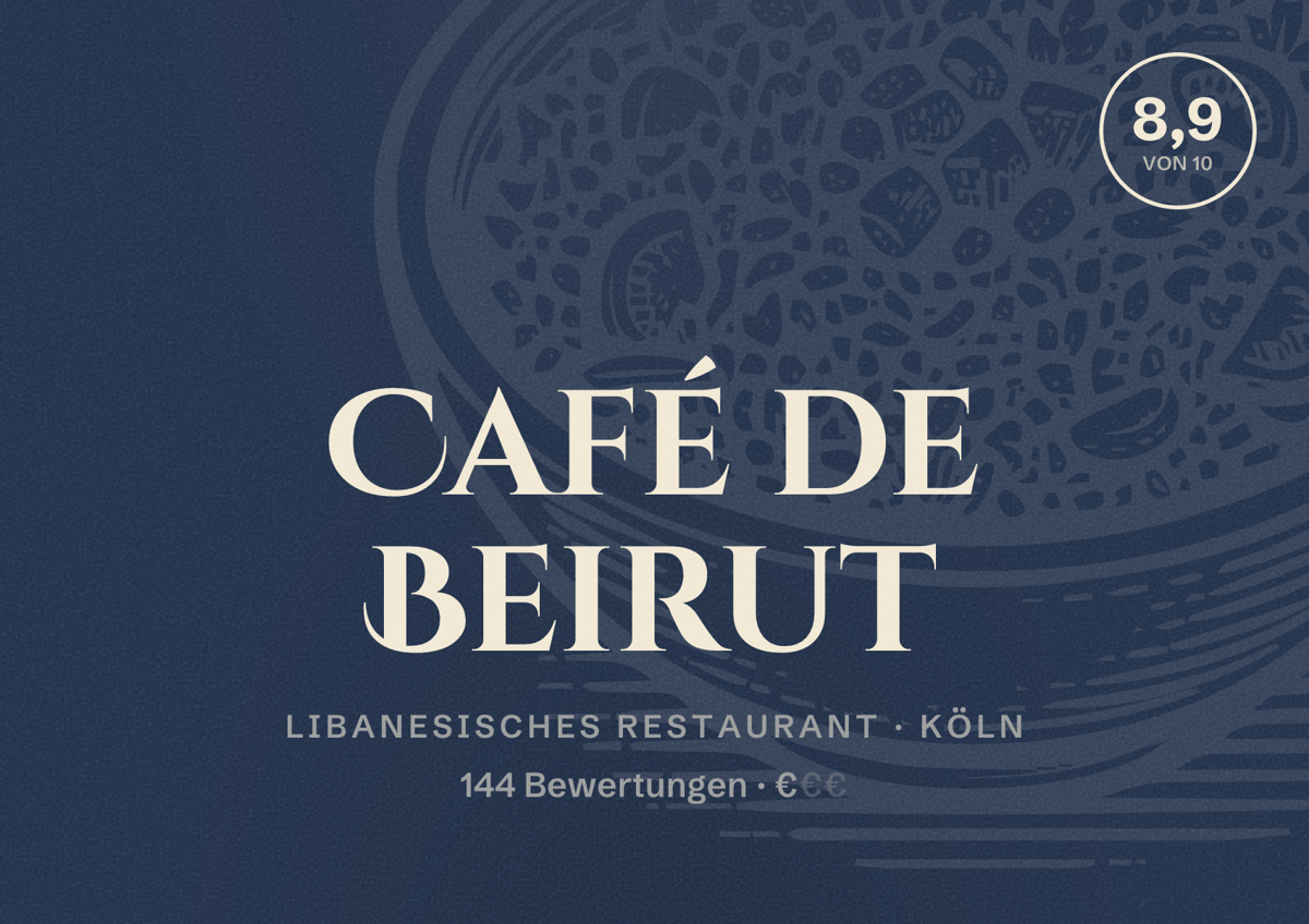 Illustriertes Poster von Café de Beirut, Libanesisches Restaurant in Köln: Bewertung 8,9 von 10 aus 144 Bewertungen, Preisniveau €