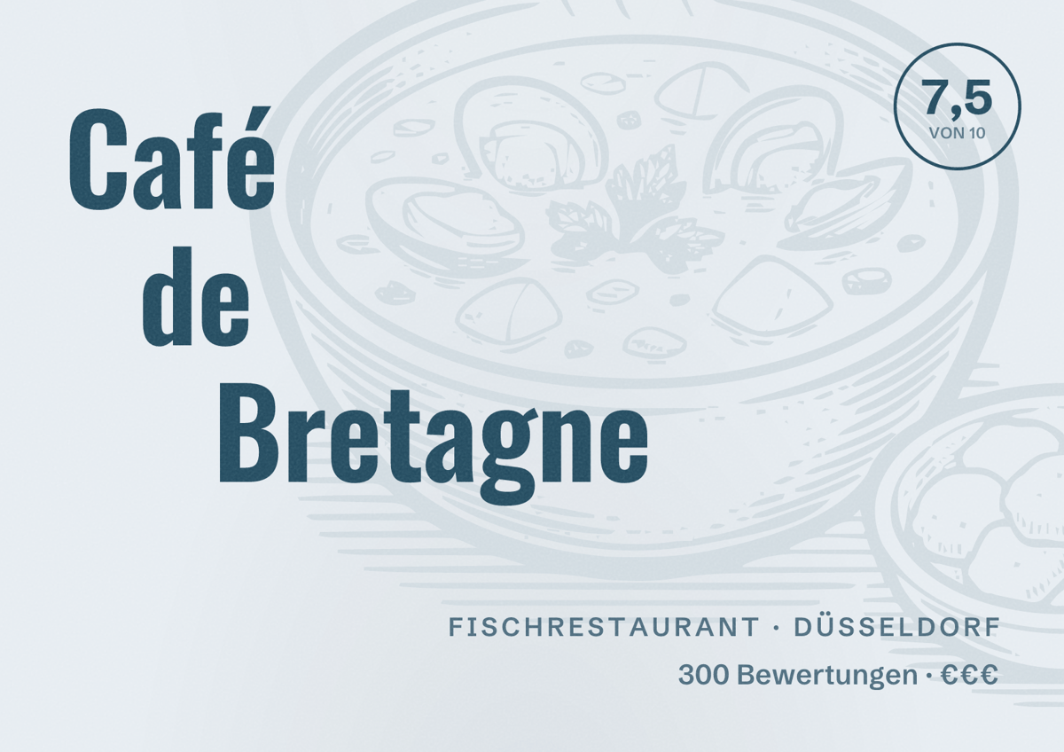 Illustriertes Poster von Café de Bretagne, Fischrestaurant in Düsseldorf: Bewertung 7,5 von 10 aus 300 Bewertungen, Preisniveau €€€