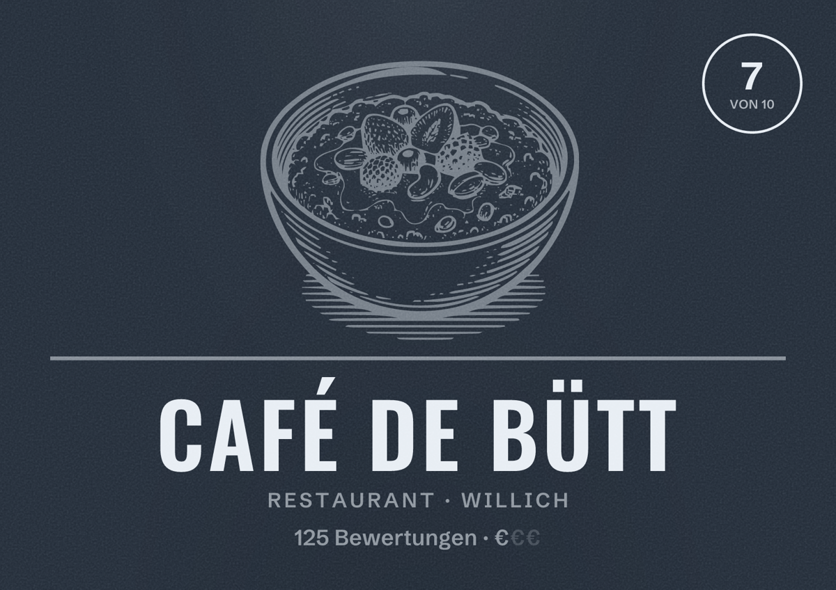 Illustriertes Poster von Café de Bütt, Restaurant in Willich: Bewertung 7 von 10 aus 125 Bewertungen, Preisniveau €