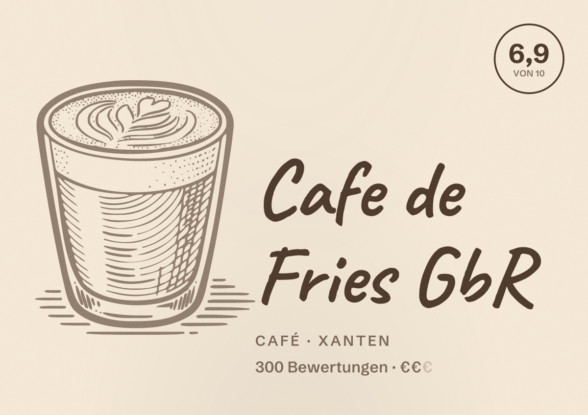 Illustriertes Poster von Cafe de Fries GbR, Café in Xanten: Bewertung 6,9 von 10 aus 300 Bewertungen, Preisniveau €€