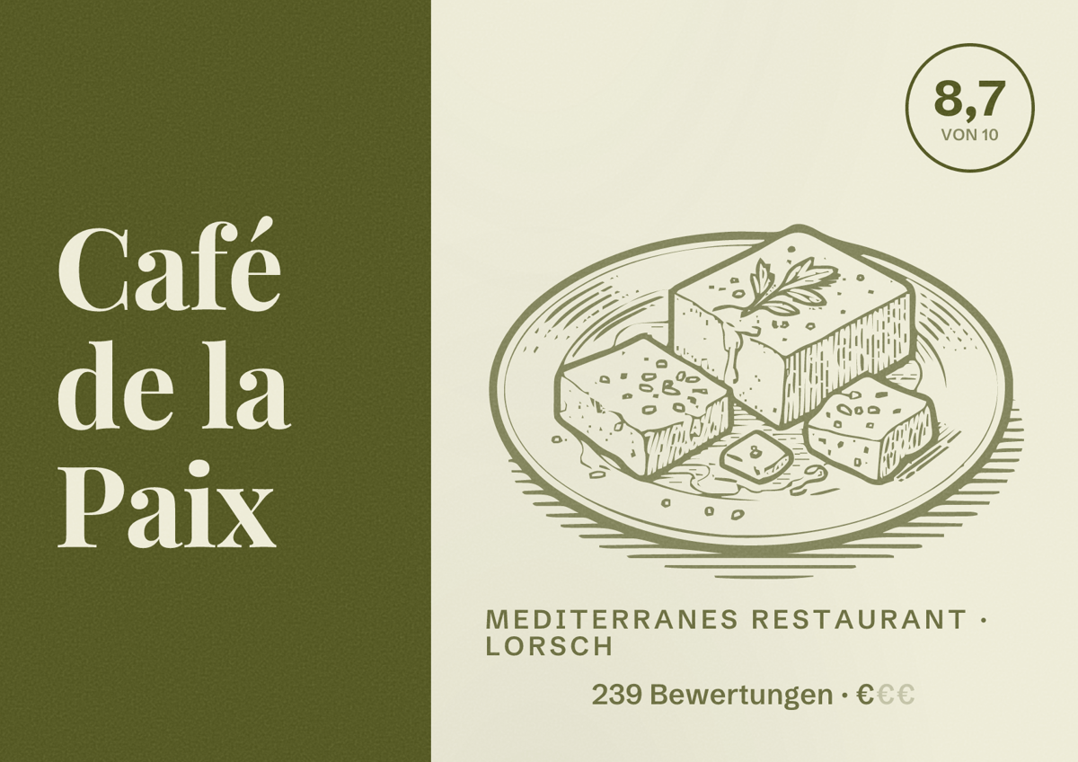 Illustriertes Poster von Café de la Paix, Mediterranes Restaurant in Lorsch: Bewertung 8,7 von 10 aus 239 Bewertungen, Preisniveau €