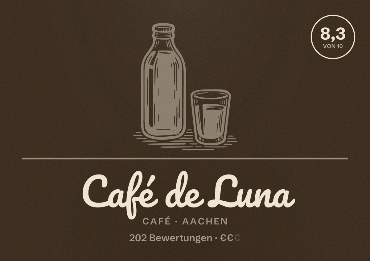 Illustriertes Poster von Café de Luna, Café in Aachen: Bewertung 8,3 von 10 aus 202 Bewertungen, Preisniveau €€