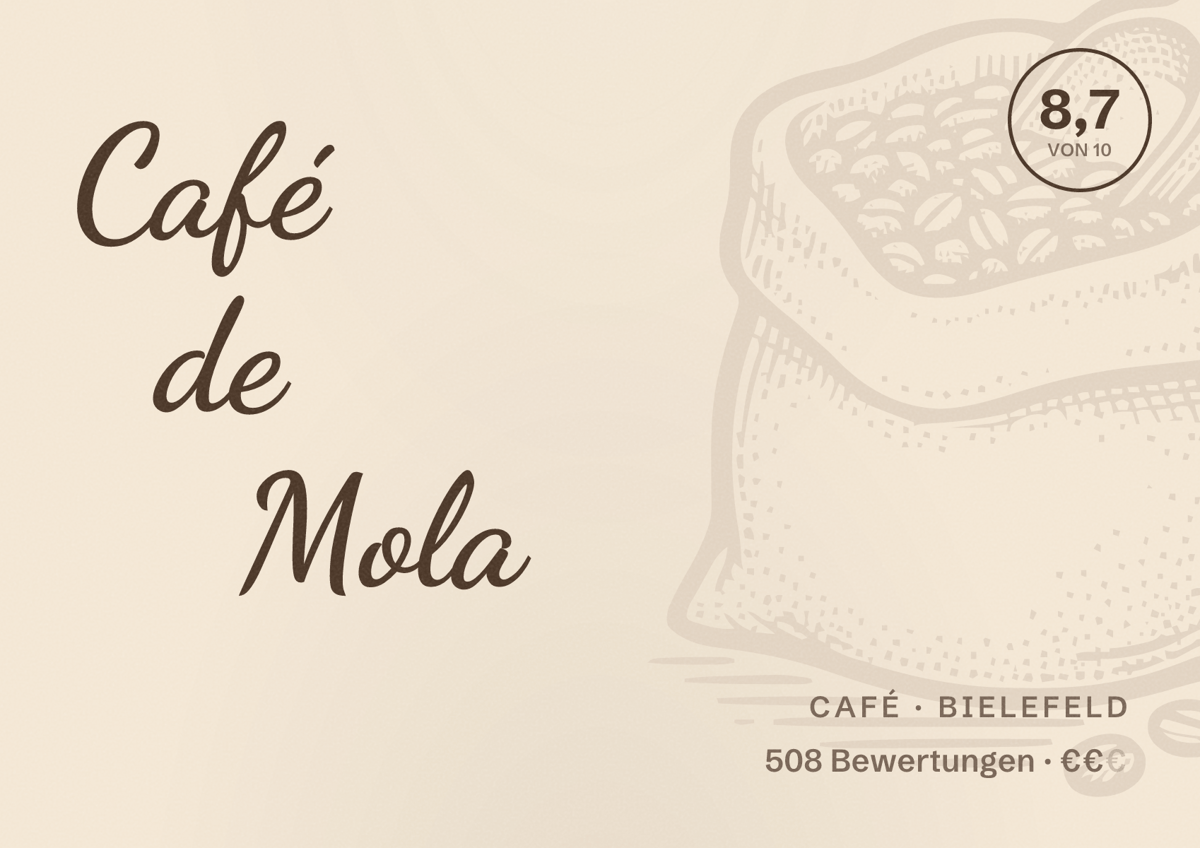 Illustriertes Poster von Café de Mola, Café in Bielefeld: Bewertung 8,7 von 10 aus 508 Bewertungen, Preisniveau €€