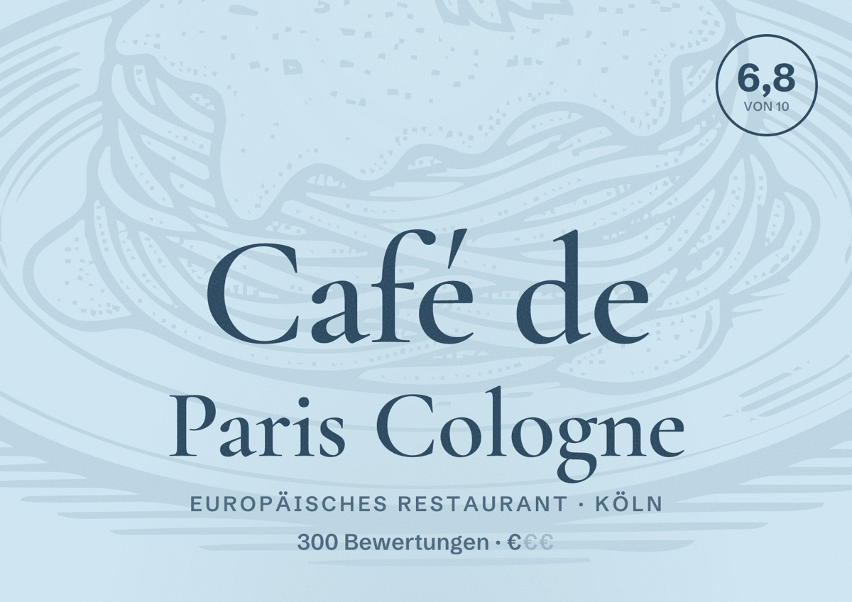 Illustriertes Poster von Café de Paris Cologne, Europäisches Restaurant in Köln: Bewertung 6,8 von 10 aus 300 Bewertungen, Preisniveau €