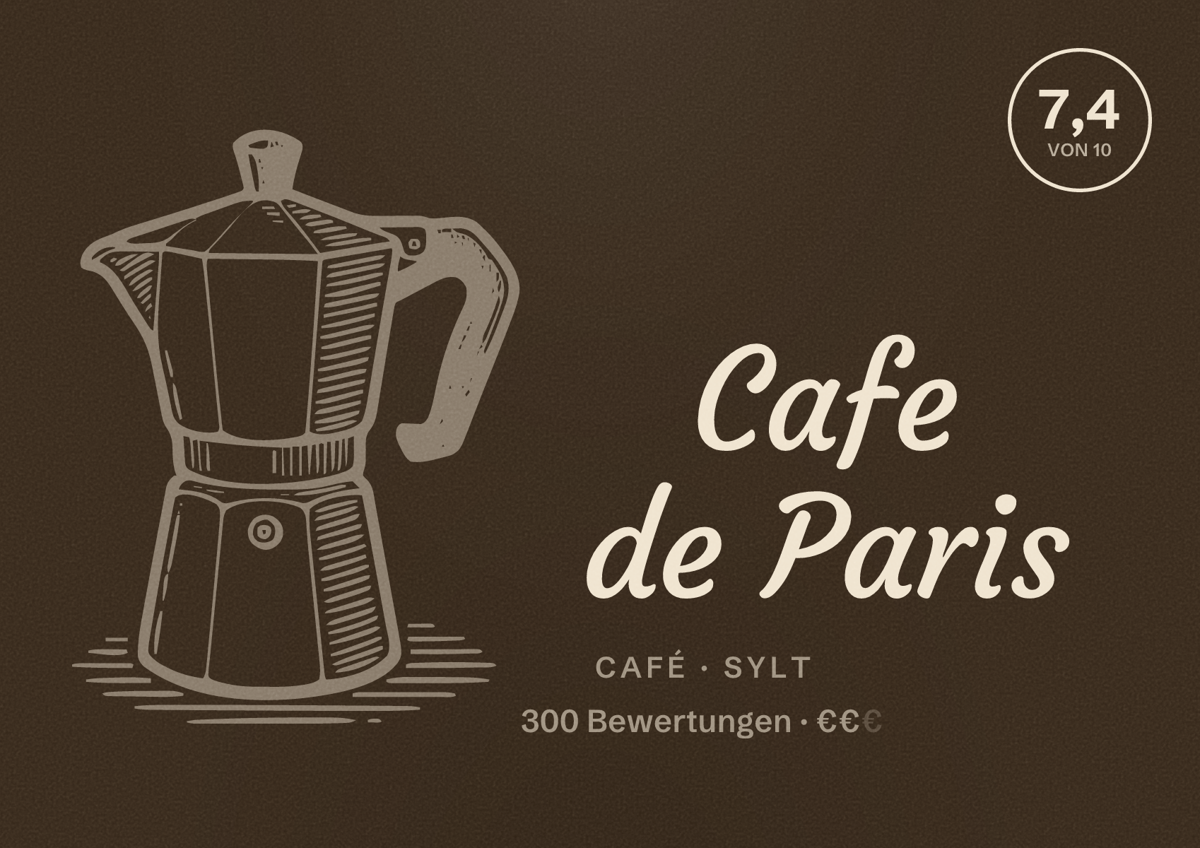 Illustriertes Poster von Cafe de Paris, Café in Sylt: Bewertung 7,4 von 10 aus 300 Bewertungen, Preisniveau €€