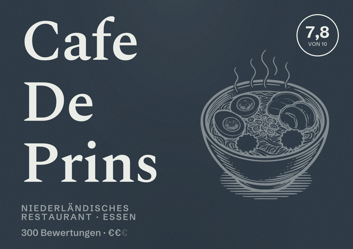 Illustriertes Poster von Cafe De Prins, Niederländisches Restaurant in Essen: Bewertung 7,8 von 10 aus 300 Bewertungen, Preisniveau €€