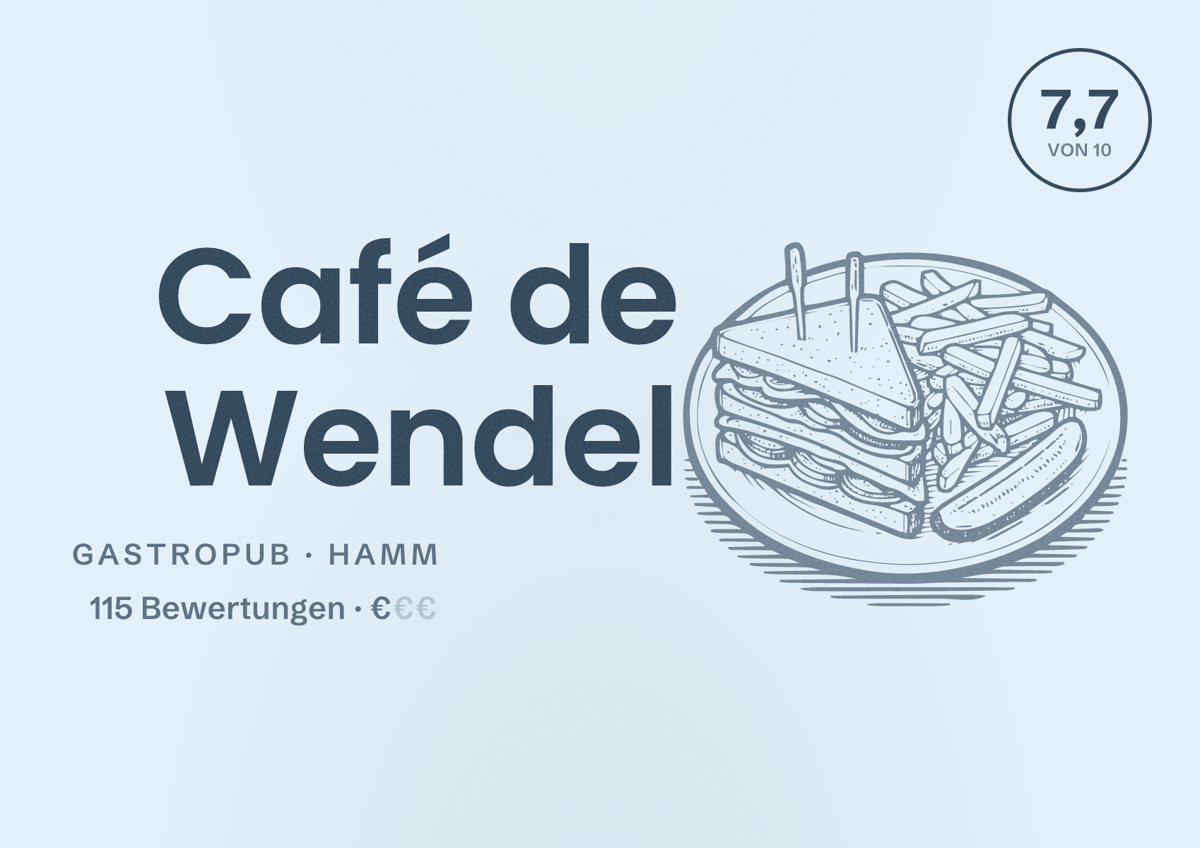 Illustriertes Poster von Café de Wendel, Gastropub in Hamm: Bewertung 7,7 von 10 aus 115 Bewertungen, Preisniveau €