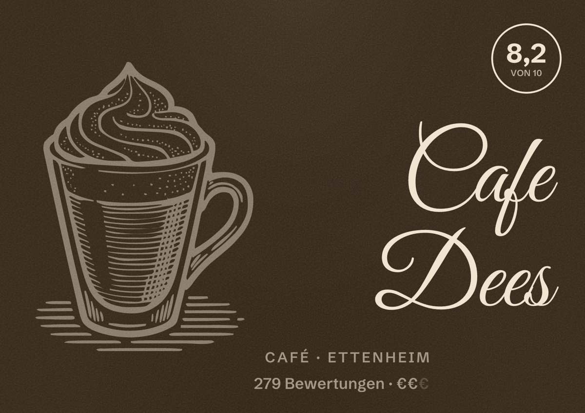 Illustriertes Poster von Cafe Dees, Café in Ettenheim: Bewertung 8,2 von 10 aus 279 Bewertungen, Preisniveau €€
