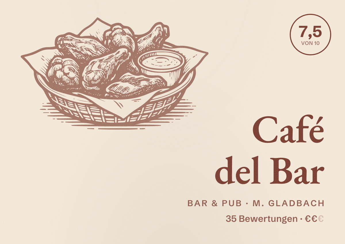 Illustriertes Poster von Café del Bar, Bar & Pub in M. Gladbach: Bewertung 7,5 von 10 aus 35 Bewertungen, Preisniveau €€