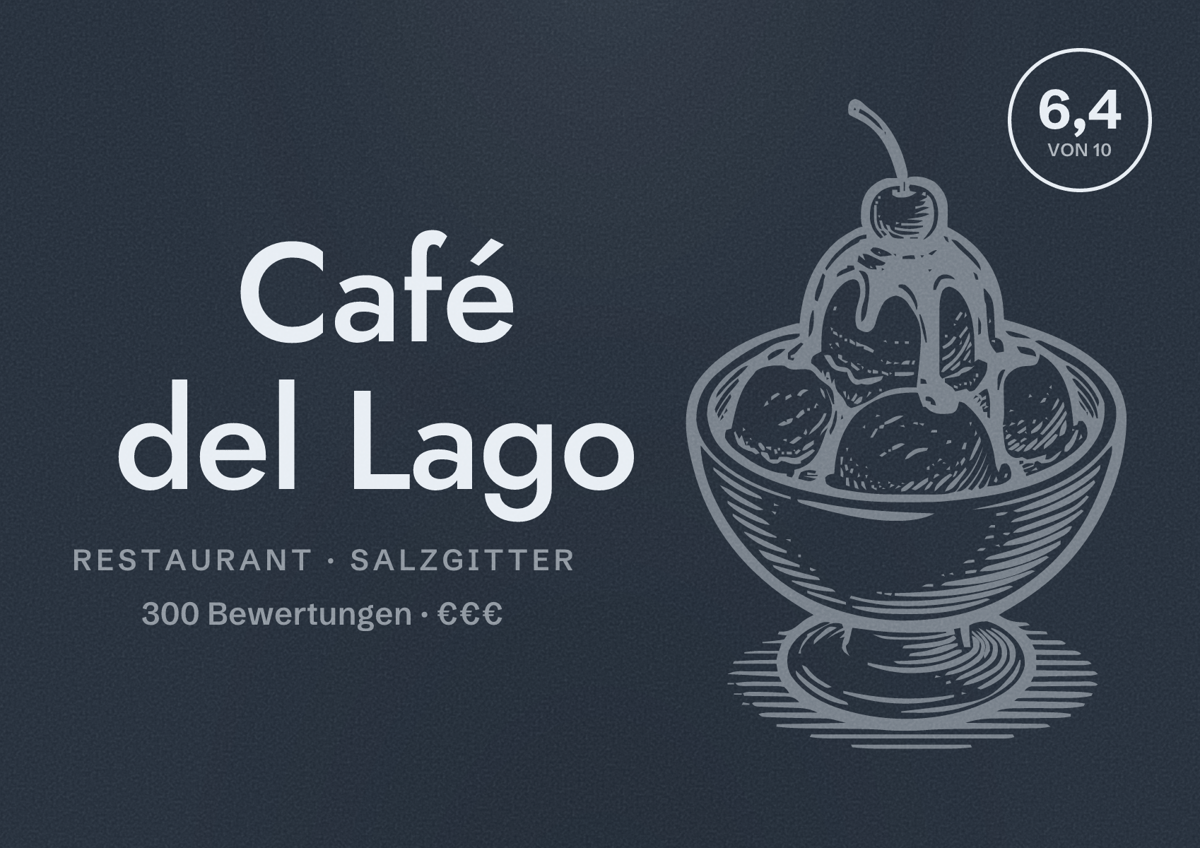 Illustriertes Poster von Café del Lago, Restaurant in Salzgitter: Bewertung 6,4 von 10 aus 300 Bewertungen, Preisniveau €€€