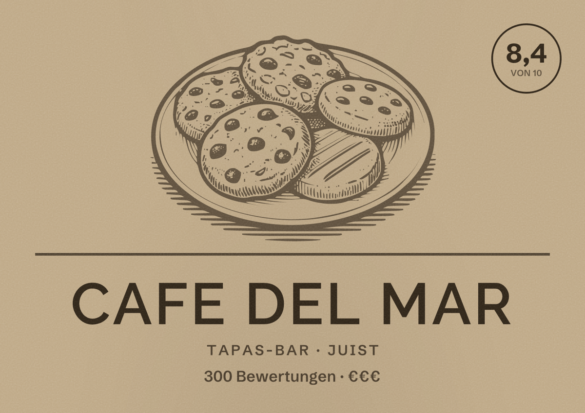 Illustriertes Poster von Cafe del Mar, Tapas-Bar in Juist: Bewertung 8,4 von 10 aus 300 Bewertungen, Preisniveau €€€
