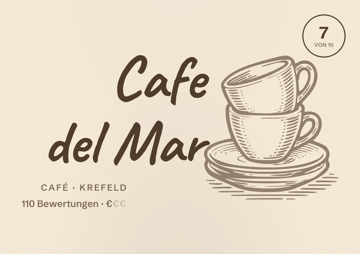 Illustriertes Poster von Cafe del Mar, Café in Krefeld: Bewertung 7 von 10 aus 110 Bewertungen, Preisniveau €