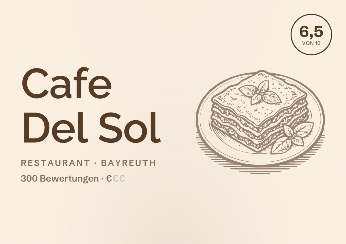 Illustriertes Poster von Cafe Del Sol, Restaurant in Bayreuth: Bewertung 6,5 von 10 aus 300 Bewertungen, Preisniveau €