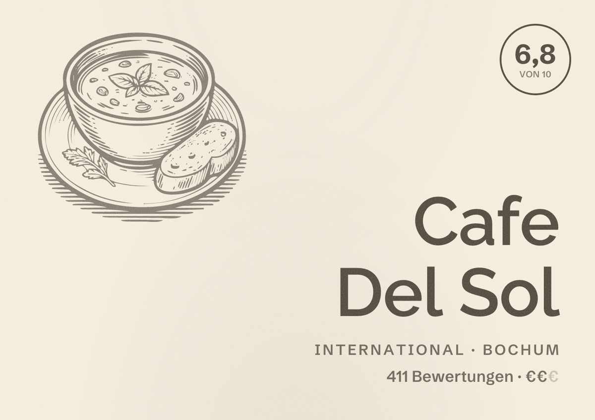 Illustriertes Poster von Cafe Del Sol, International in Bochum: Bewertung 6,8 von 10 aus 411 Bewertungen, Preisniveau €€