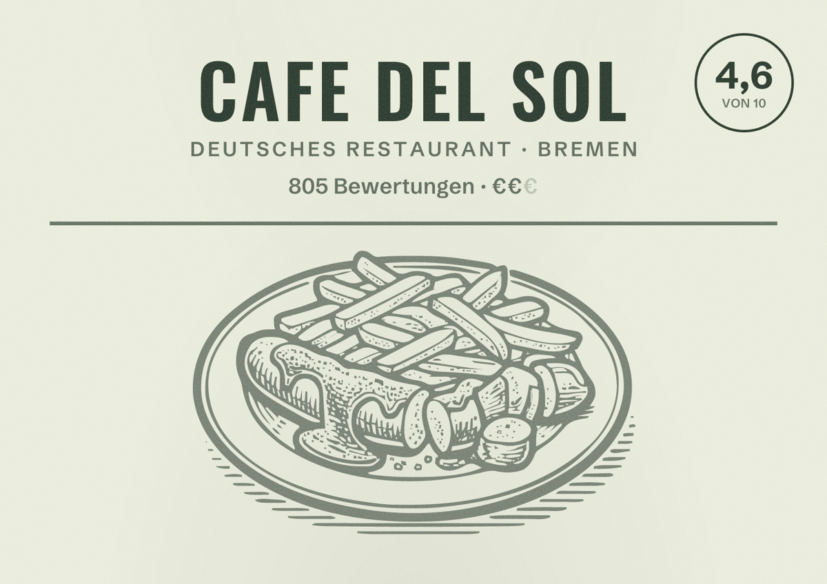 Illustriertes Poster von Cafe Del Sol, Deutsches Restaurant in Bremen: Bewertung 4,6 von 10 aus 805 Bewertungen, Preisniveau €€