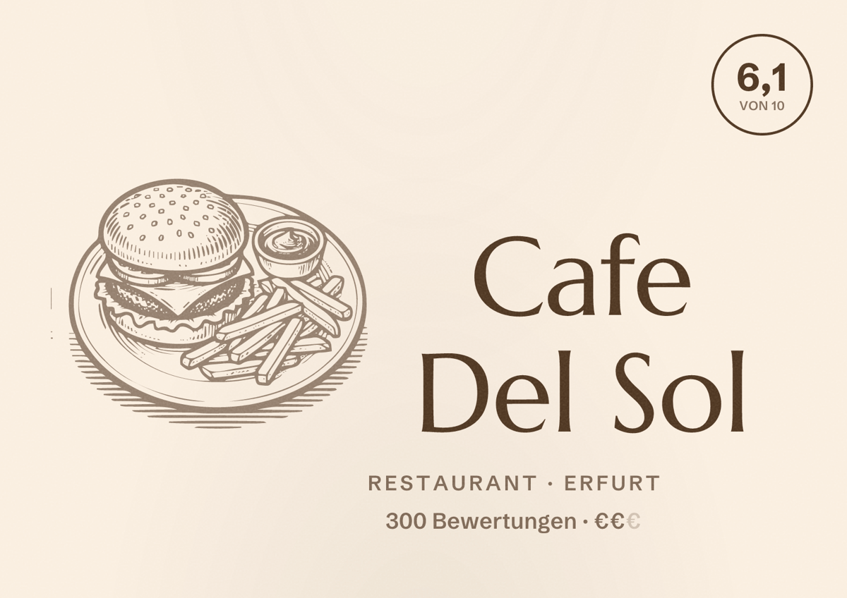 Illustriertes Poster von Cafe Del Sol, Restaurant in Erfurt: Bewertung 6,1 von 10 aus 300 Bewertungen, Preisniveau €€