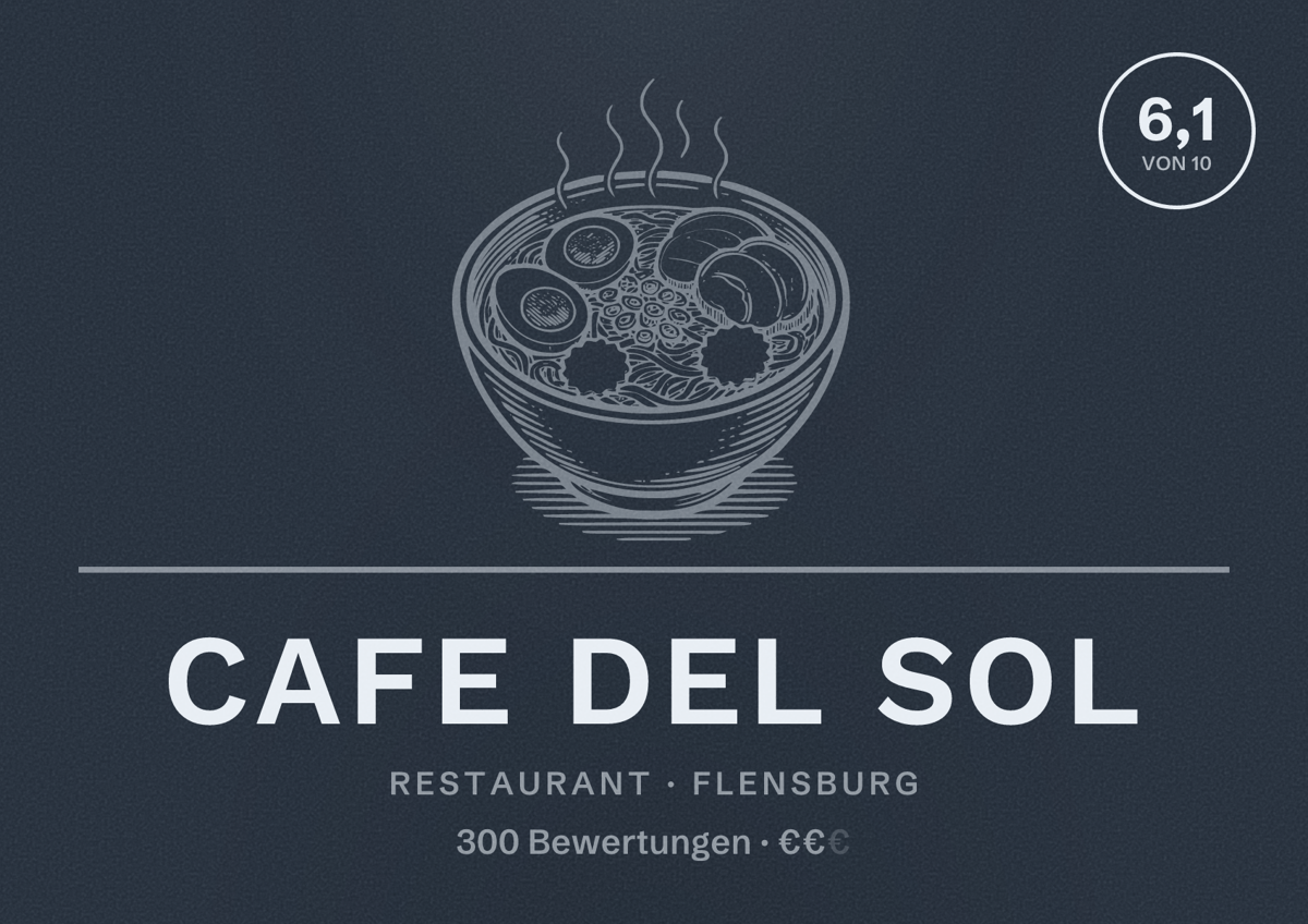 Illustriertes Poster von Cafe Del Sol, Restaurant in Flensburg: Bewertung 6,1 von 10 aus 300 Bewertungen, Preisniveau €€