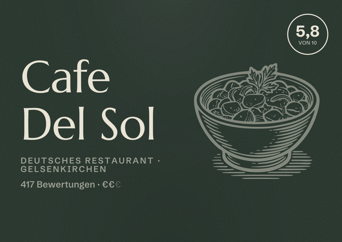 Illustriertes Poster von Cafe Del Sol, Deutsches Restaurant in Gelsenkirchen: Bewertung 5,8 von 10 aus 417 Bewertungen, Preisniveau €€